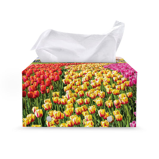 Tulip Field Print Leather Tissue Box Cover
