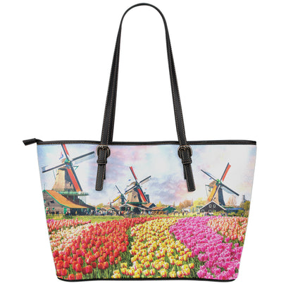 Tulip Field Print Leather Tote Bag