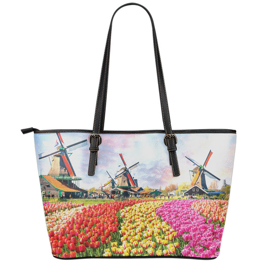 Tulip Field Print Leather Tote Bag