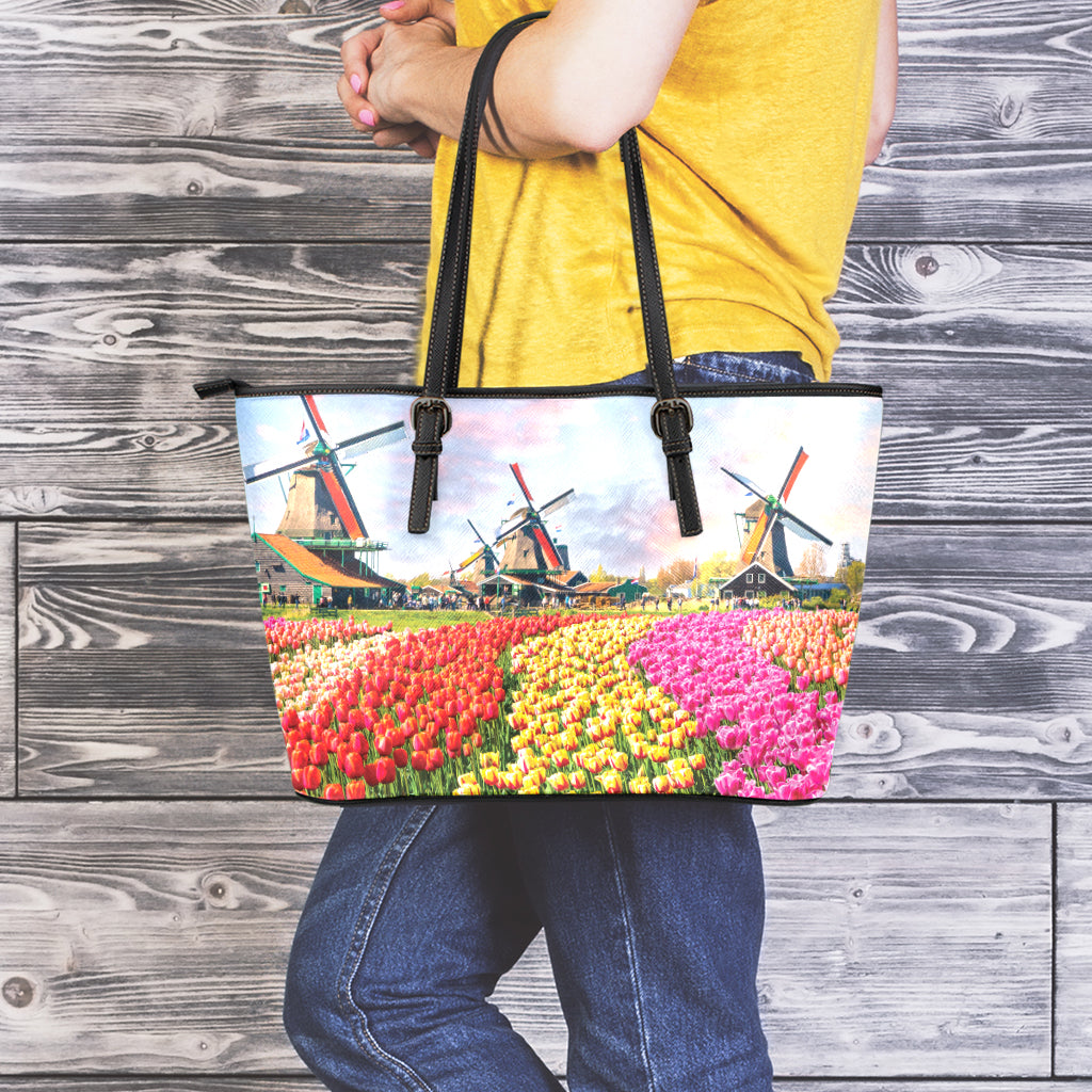 Tulip Field Print Leather Tote Bag
