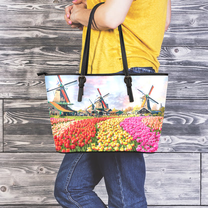 Tulip Field Print Leather Tote Bag