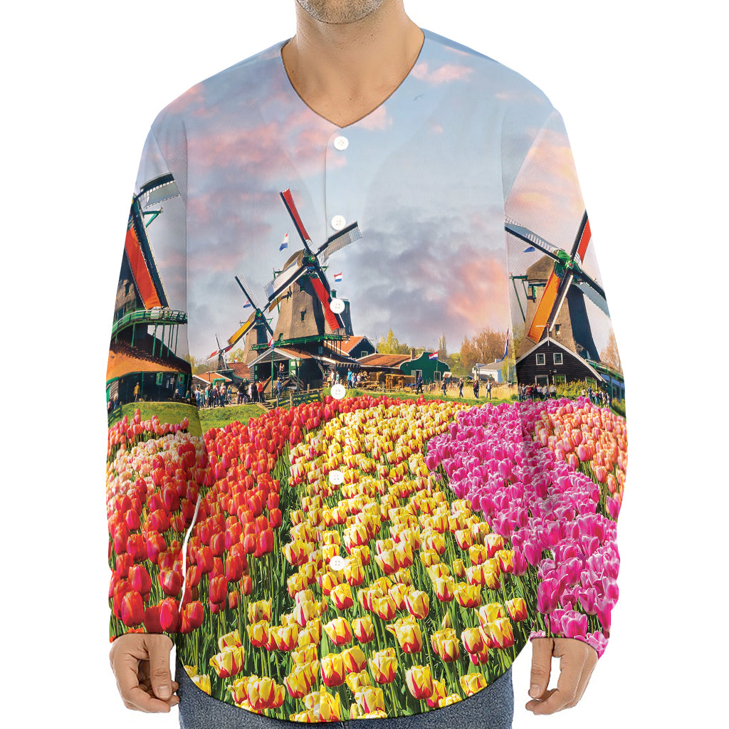 Tulip Field Print Long Sleeve Baseball Jersey