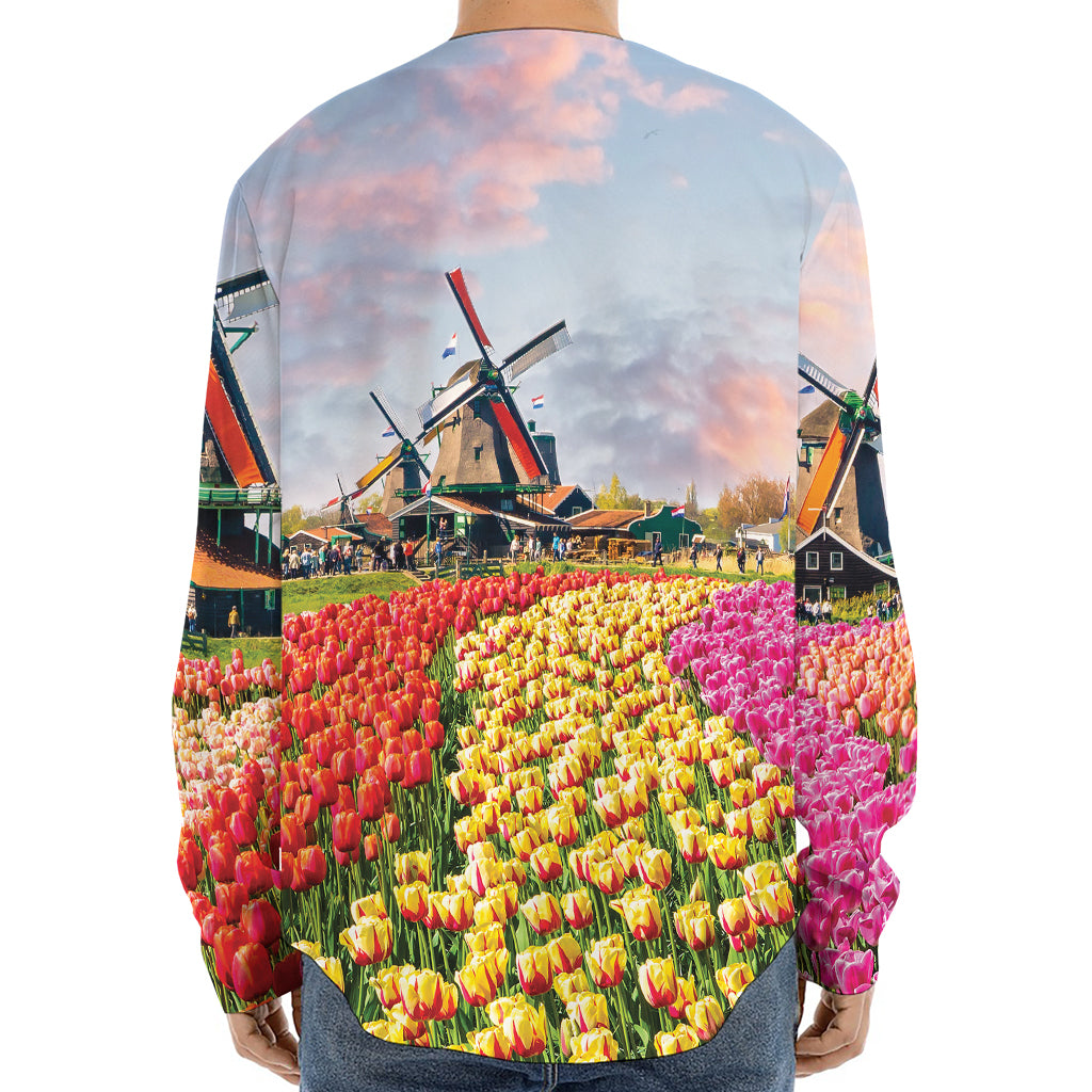 Tulip Field Print Long Sleeve Baseball Jersey