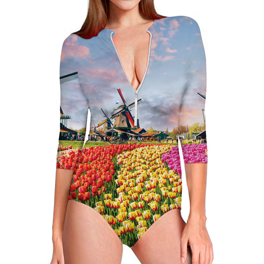 Tulip Field Print Long Sleeve Swimsuit