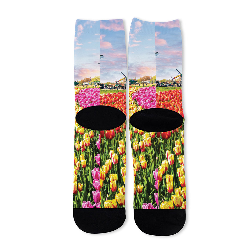 Tulip Field Print Long Socks