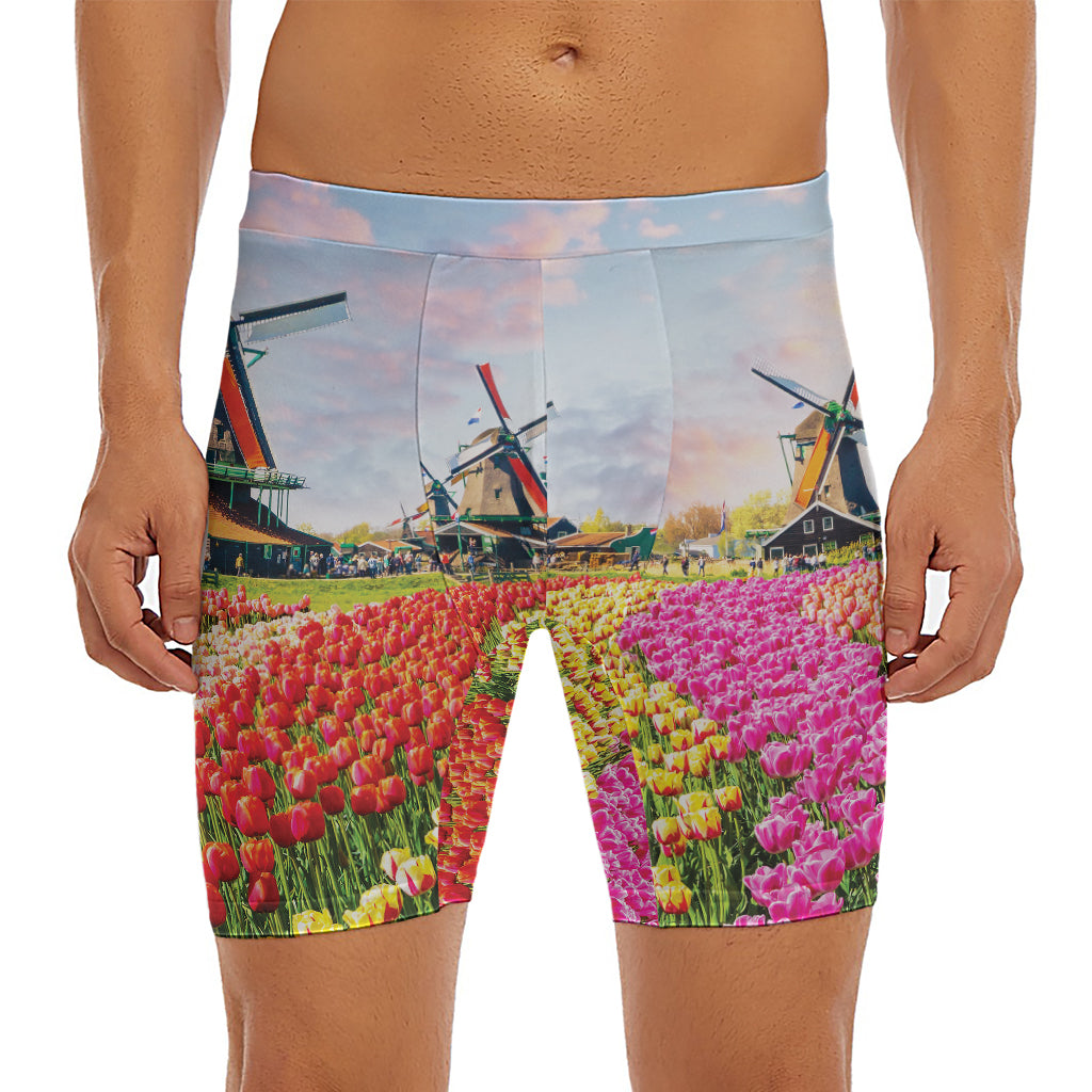 Tulip Field Print Men's Long Boxer Briefs