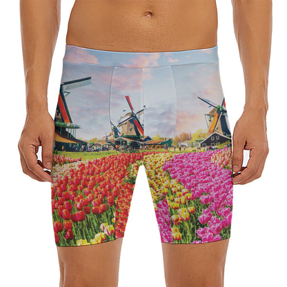 Tulip Field Print Men's Long Boxer Briefs