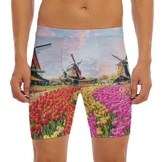 Tulip Field Print Men's Long Boxer Briefs