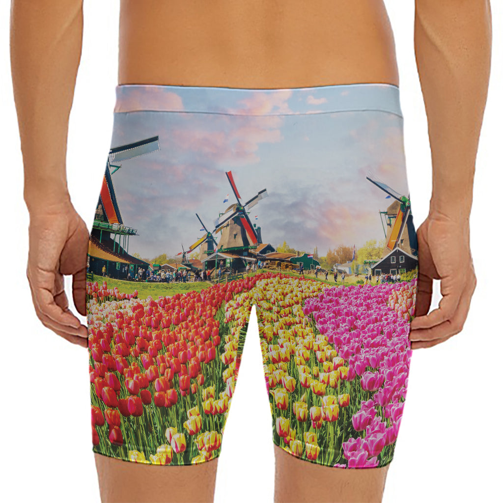 Tulip Field Print Men's Long Boxer Briefs
