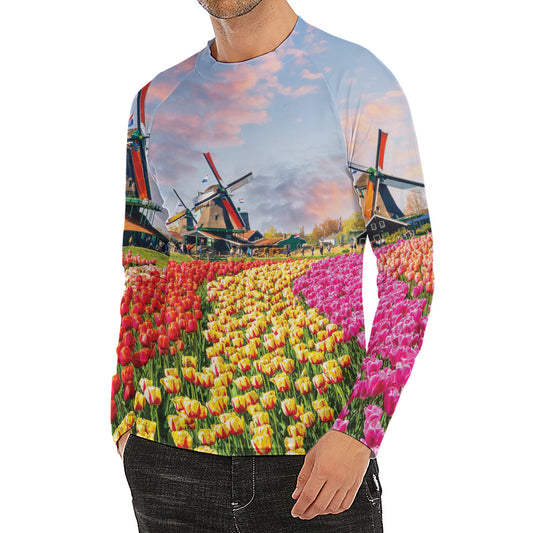 Tulip Field Print Men's Long Sleeve Rash Guard