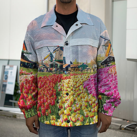 Tulip Field Print Men's Shirt Jacket