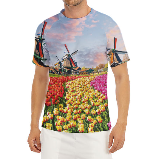 Tulip Field Print Men's Short Sleeve Rash Guard