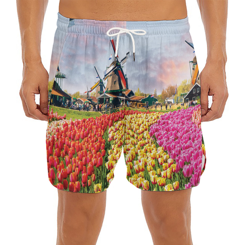 Tulip Field Print Men's Split Running Shorts