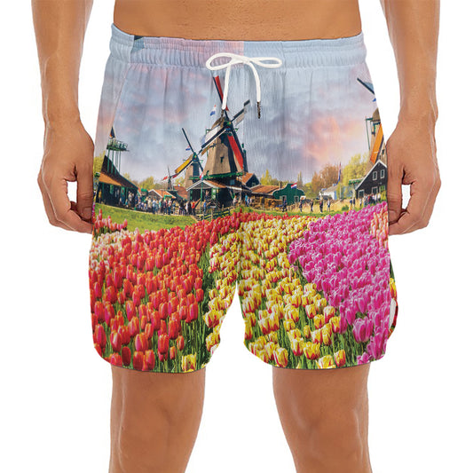 Tulip Field Print Men's Split Running Shorts
