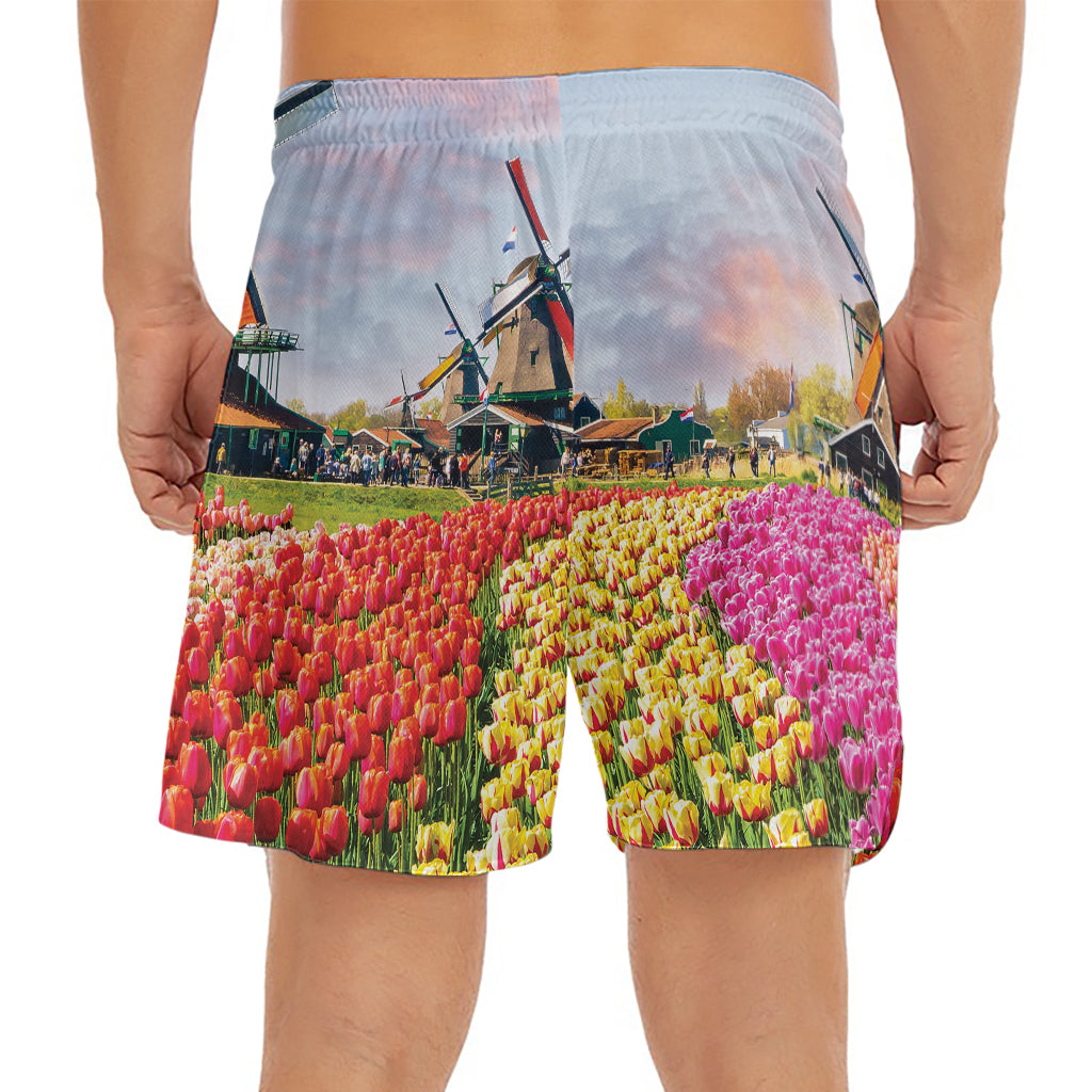 Tulip Field Print Men's Split Running Shorts