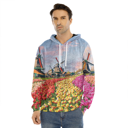 Tulip Field Print Men's Velvet Pullover Hoodie
