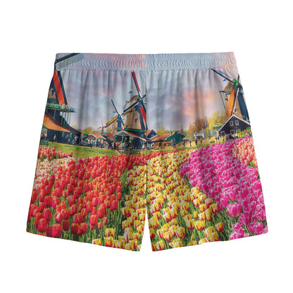 Tulip Field Print Mesh Shorts