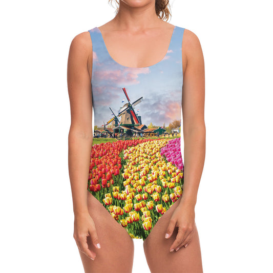 Tulip Field Print One Piece Swimsuit
