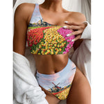 Tulip Field Print One Shoulder Bikini Top