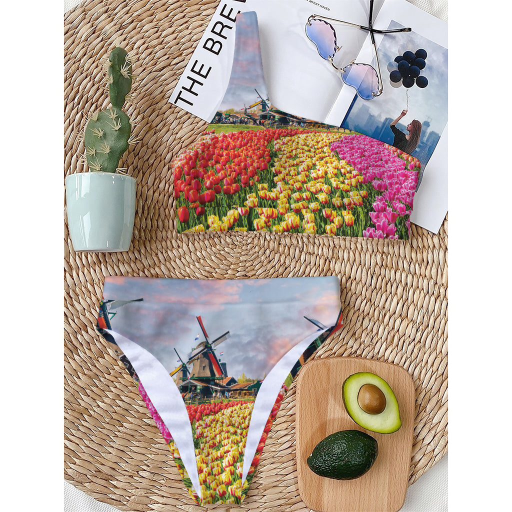 Tulip Field Print One Shoulder Bikini Top