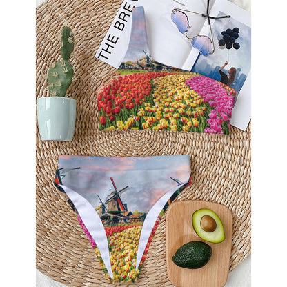 Tulip Field Print One Shoulder Bikini Top