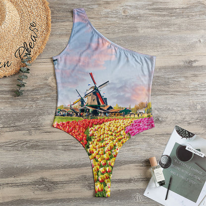 Tulip Field Print One Shoulder Bodysuit