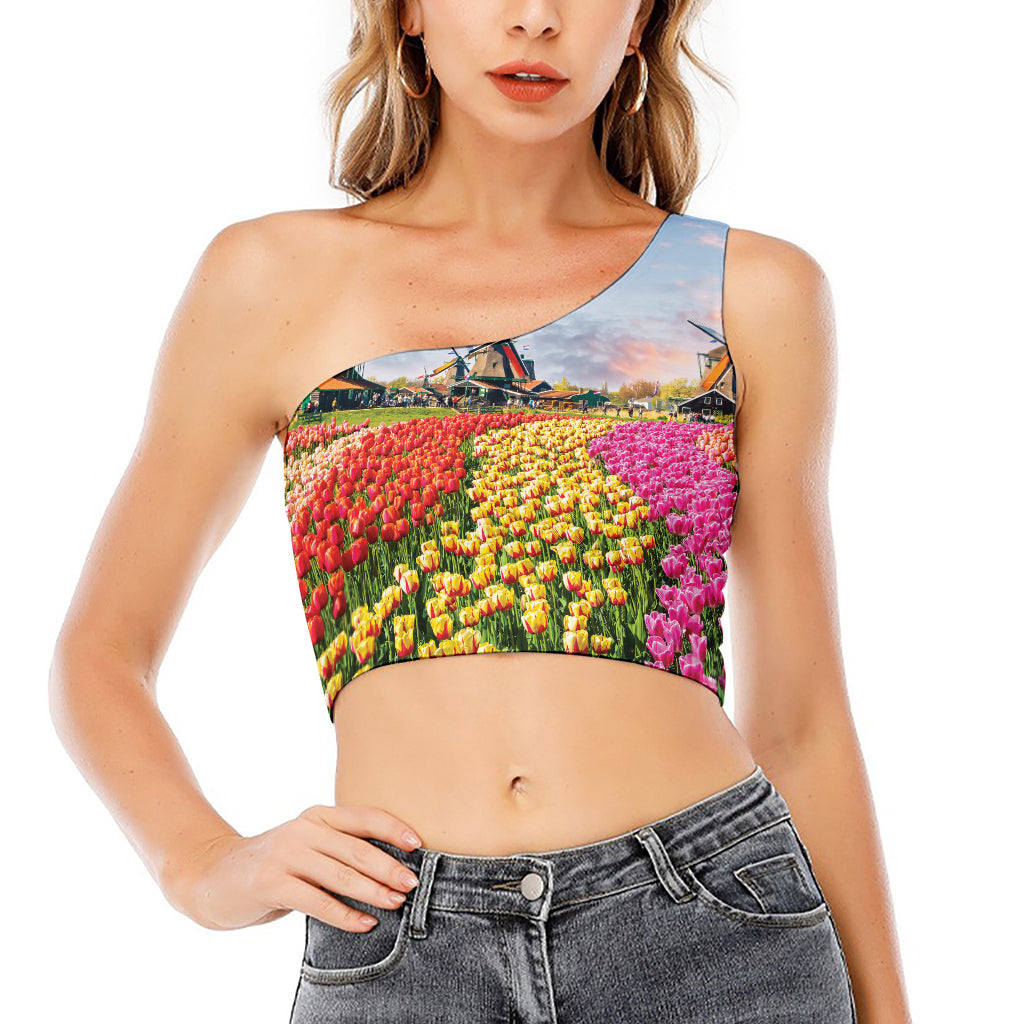 Tulip Field Print One Shoulder Crop Top