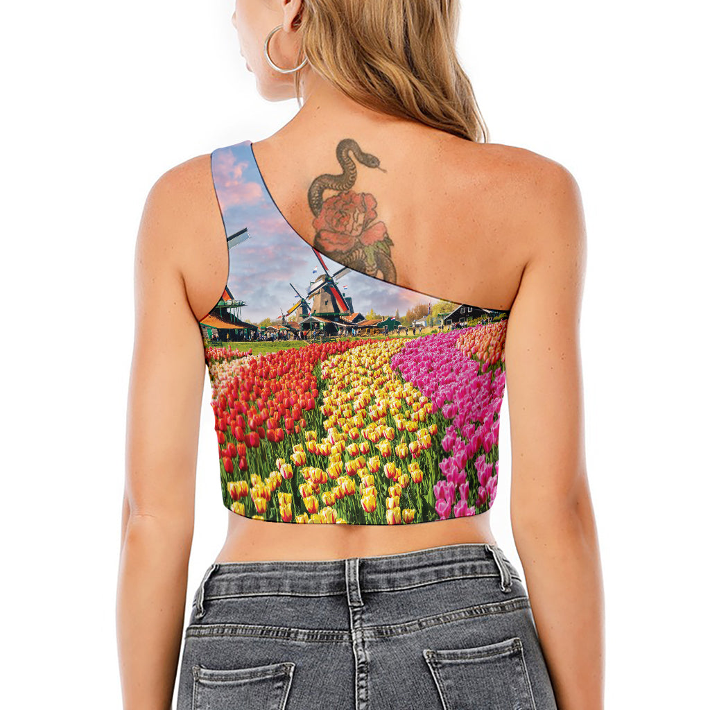 Tulip Field Print One Shoulder Crop Top
