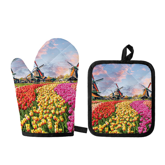 Tulip Field Print Oven Mitt And Pot Holder Set