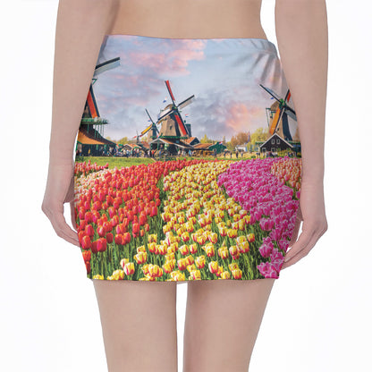 Tulip Field Print Pencil Mini Skirt