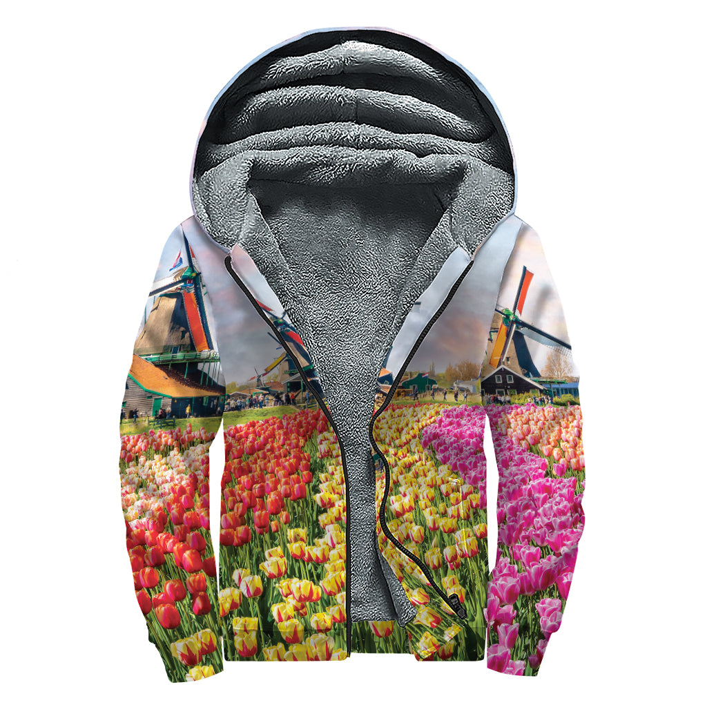 Tulip Field Print Sherpa Lined Zip Up Hoodie