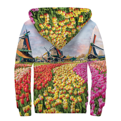 Tulip Field Print Sherpa Lined Zip Up Hoodie