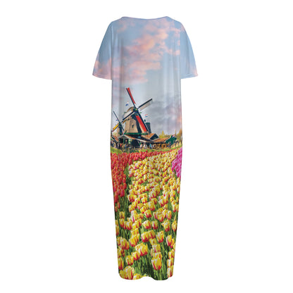 Tulip Field Print Short Sleeve Long Nightdress