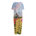 Tulip Field Print Short Sleeve Long Nightdress