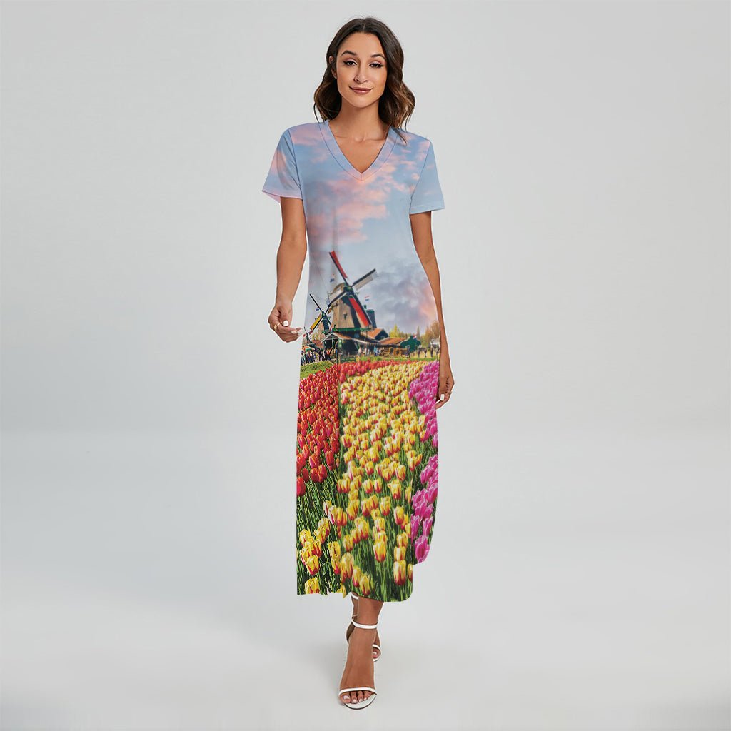Tulip Field Print Short Sleeve Maxi Dress