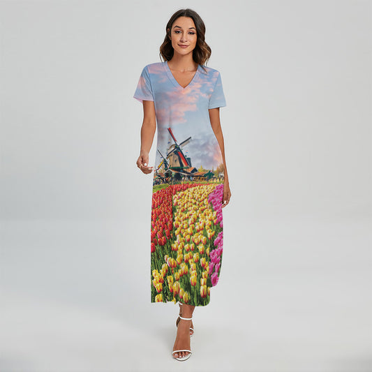 Tulip Field Print Short Sleeve Maxi Dress