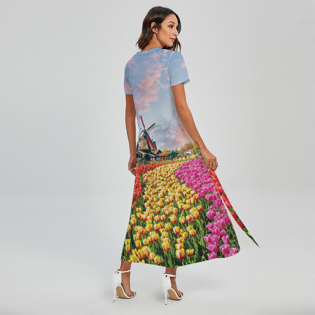 Tulip Field Print Short Sleeve Maxi Dress