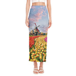 Tulip Field Print Side Slit Maxi Skirt