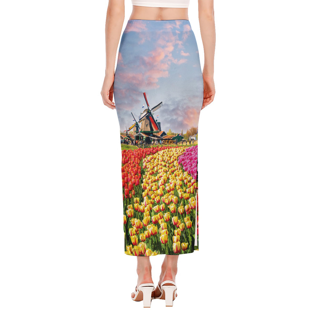 Tulip Field Print Side Slit Maxi Skirt