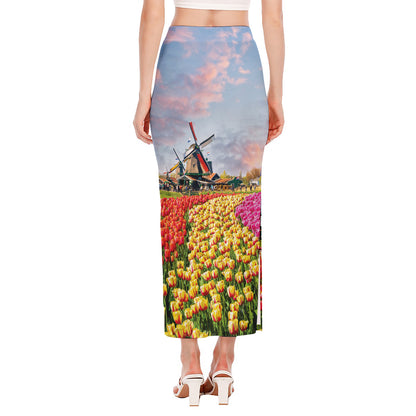 Tulip Field Print Side Slit Maxi Skirt