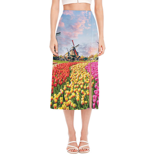 Tulip Field Print Side Slit Midi Skirt