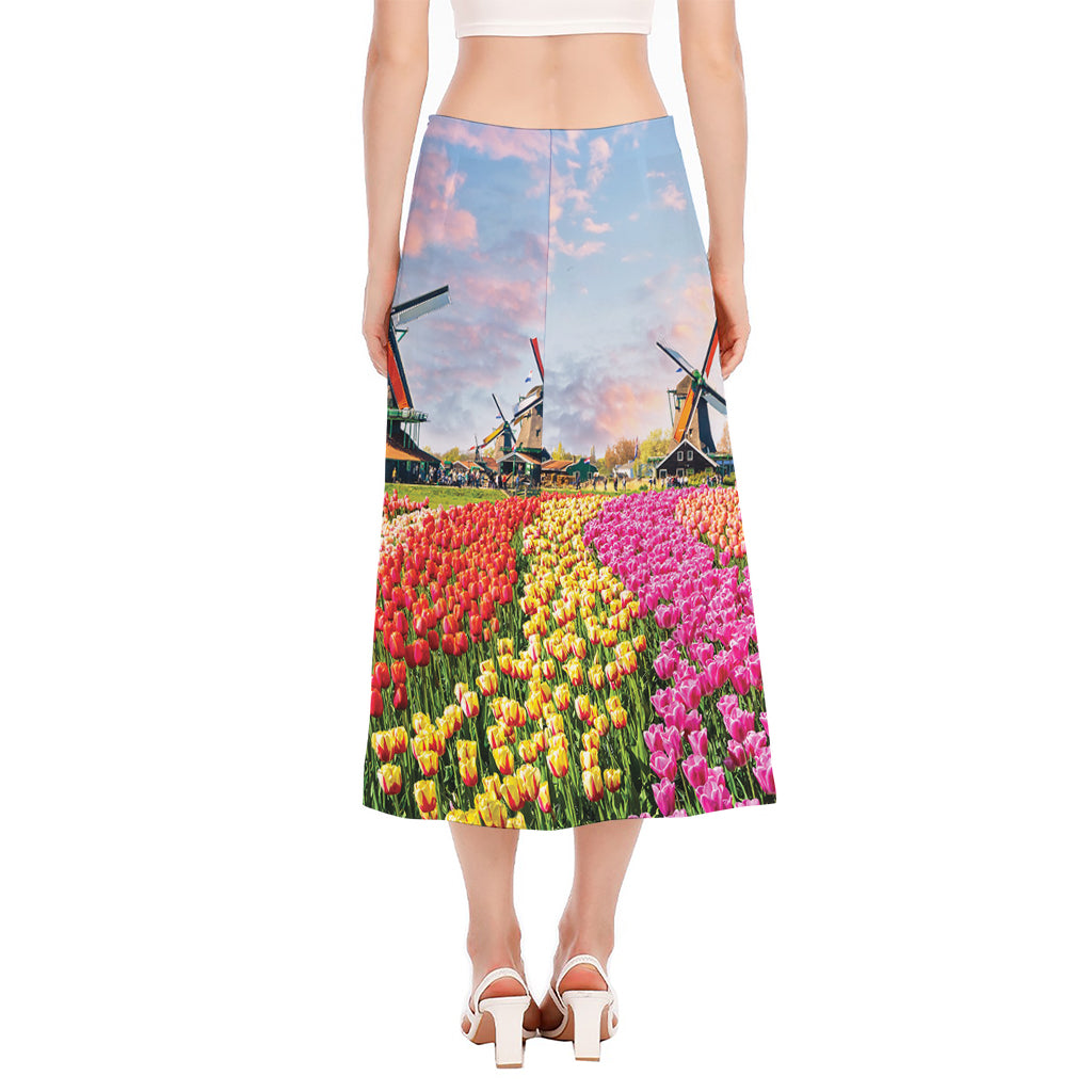 Tulip Field Print Side Slit Midi Skirt