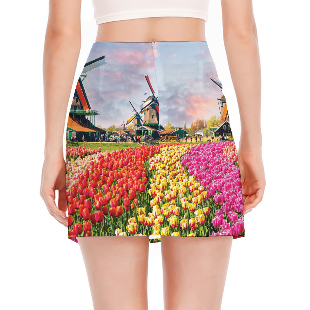 Tulip Field Print Side Slit Mini Skirt