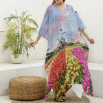 Tulip Field Print Silk V-Neck Kaftan Dress