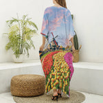 Tulip Field Print Silk V-Neck Kaftan Dress