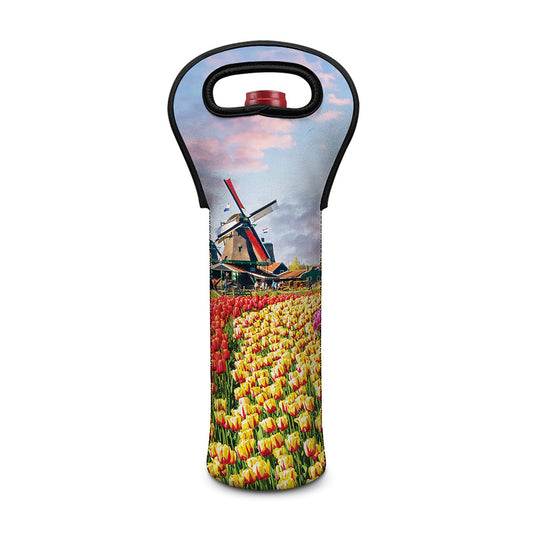 Tulip Field Print Single Neoprene Wine Tote