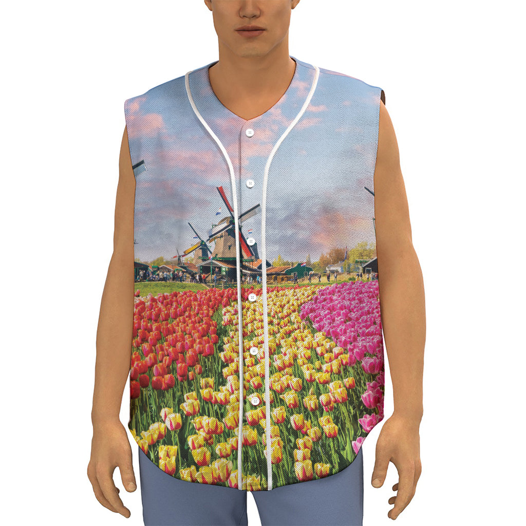 Tulip Field Print Sleeveless Baseball Jersey