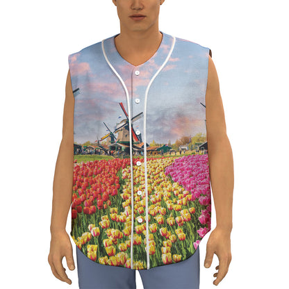 Tulip Field Print Sleeveless Baseball Jersey