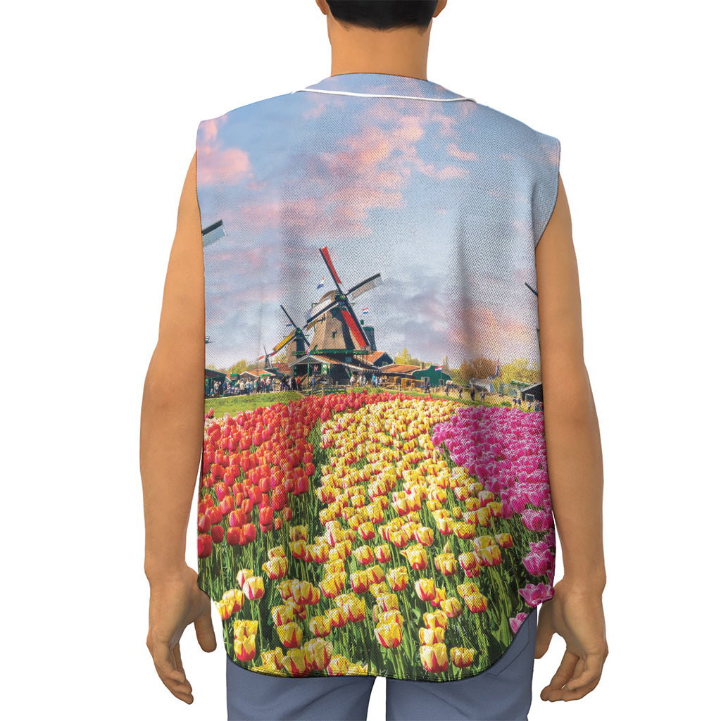 Tulip Field Print Sleeveless Baseball Jersey