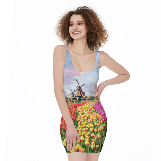 Tulip Field Print Sleeveless Bodycon Dress